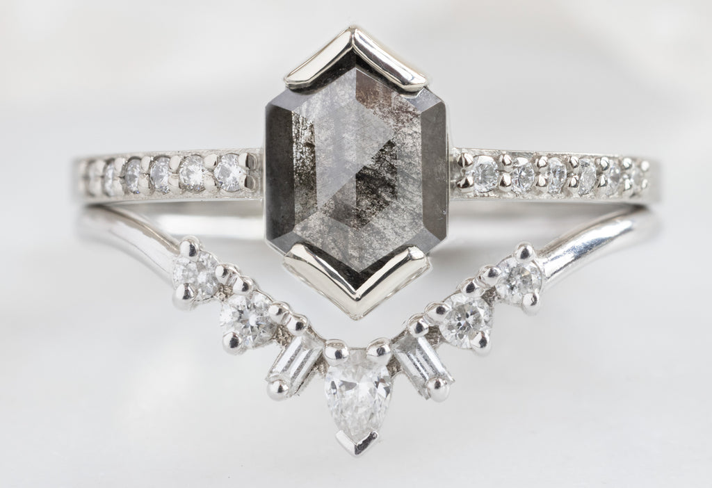 The Willow Ring with a Black Hexagon Diamond with White Diamond Geometric Sunburst Stacking Band