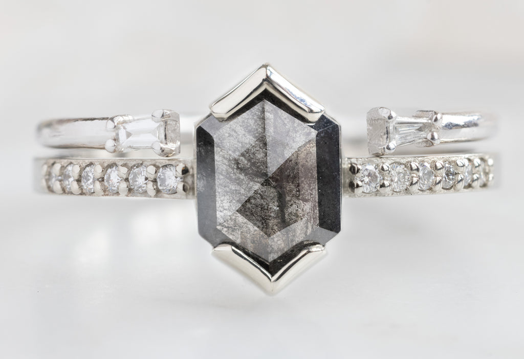 The Willow Ring with a Black Hexagon Diamond with Open Cuff Baguette Diamond Stacking Band