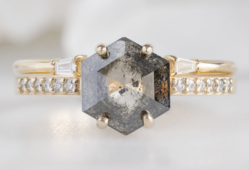 The Willow Ring with a Black Hexagon Diamond with Open Cuff Baguette Stacking