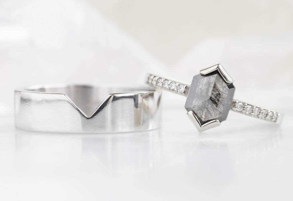 The Willow Ring with a Black Hexagon Diamond with The Gold Cut-Out Stacking Band