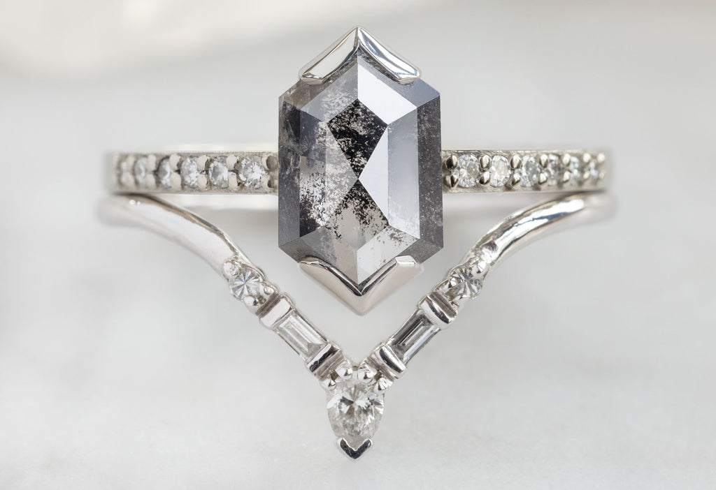 The Willow Ring with a Black Hexagon Diamond with White Diamond Tiara Stacking Band