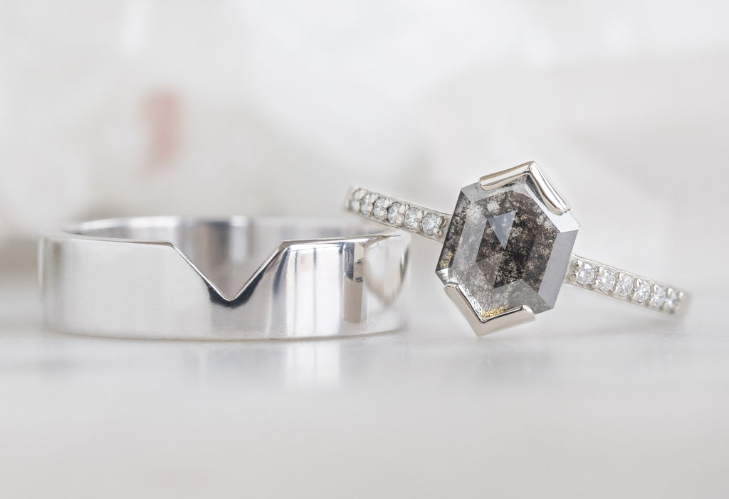 The Willow Ring with a Black Hexagon Diamond with the Gold Cut-Out Stacking Band