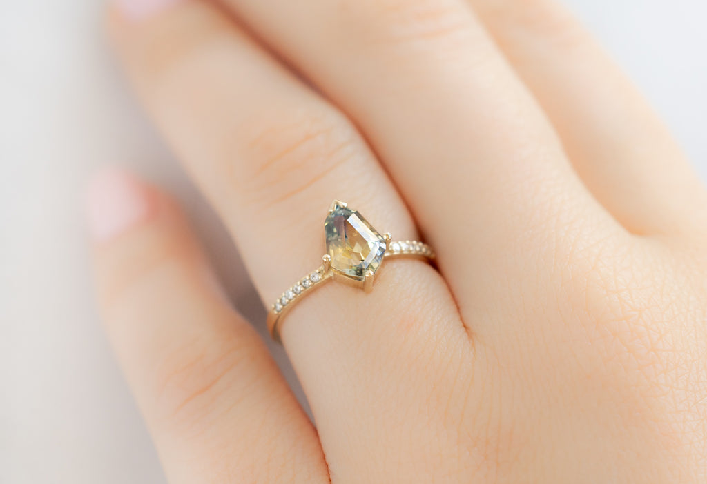 The Willow Ring with a Geometric Parti Sapphire on Model