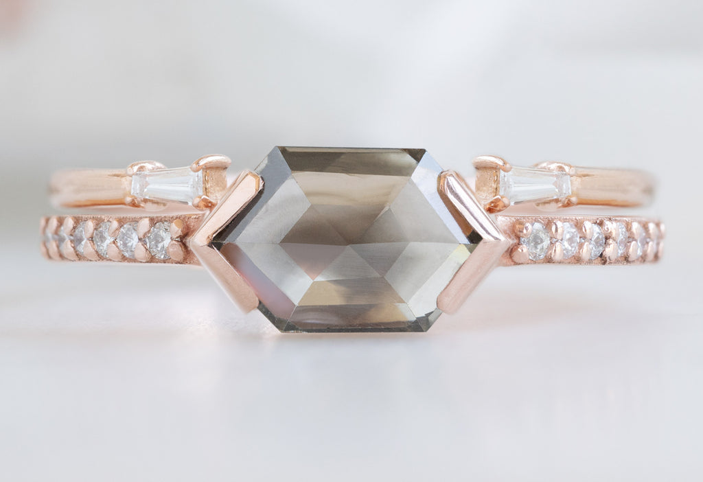 The Willow Ring with a Hexagonal Diamond with Open Cuff Baguette Stacking Bamd