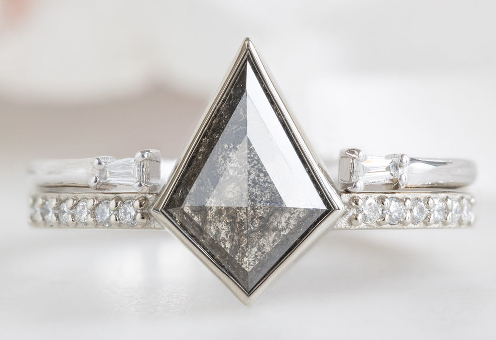 The Willow Ring with a Kite-Shaped Black Diamond with Open Cuff Baguette Stacking Band