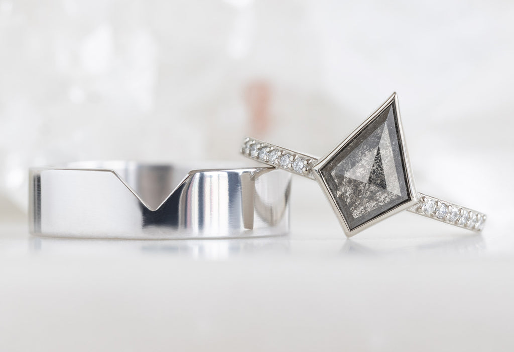 The Willow Ring with a Kite-Shaped Black Diamond with The Gold Cut-Out Stacking Band