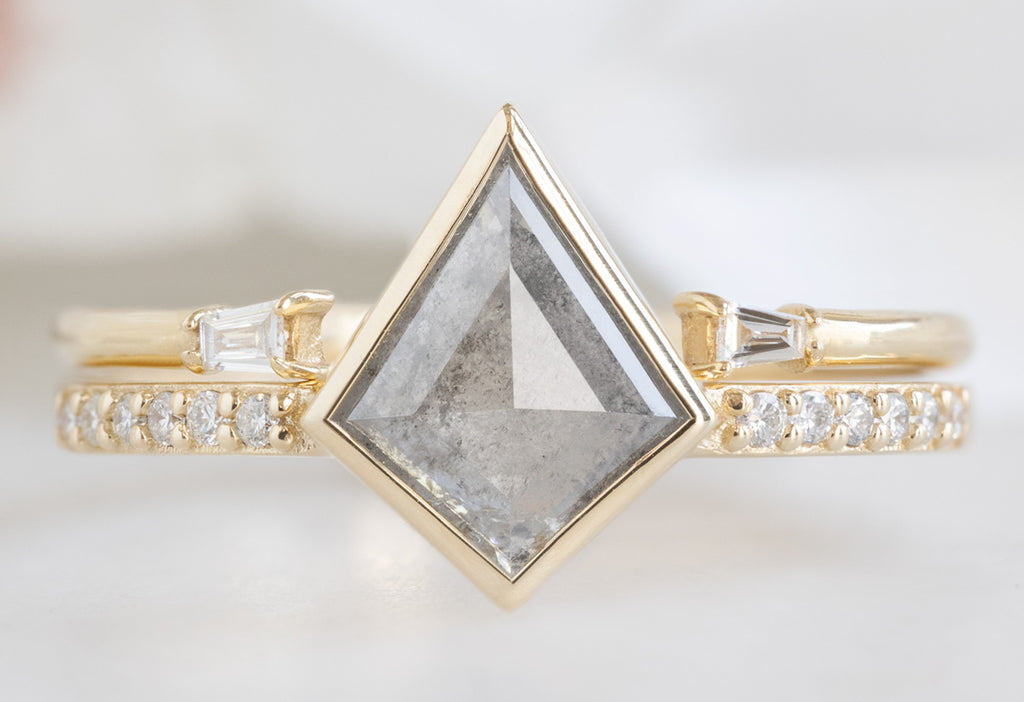 The Willow Ring with a Kite-Shaped Grey Diamond with Open Cuff Baguette Stacking Band