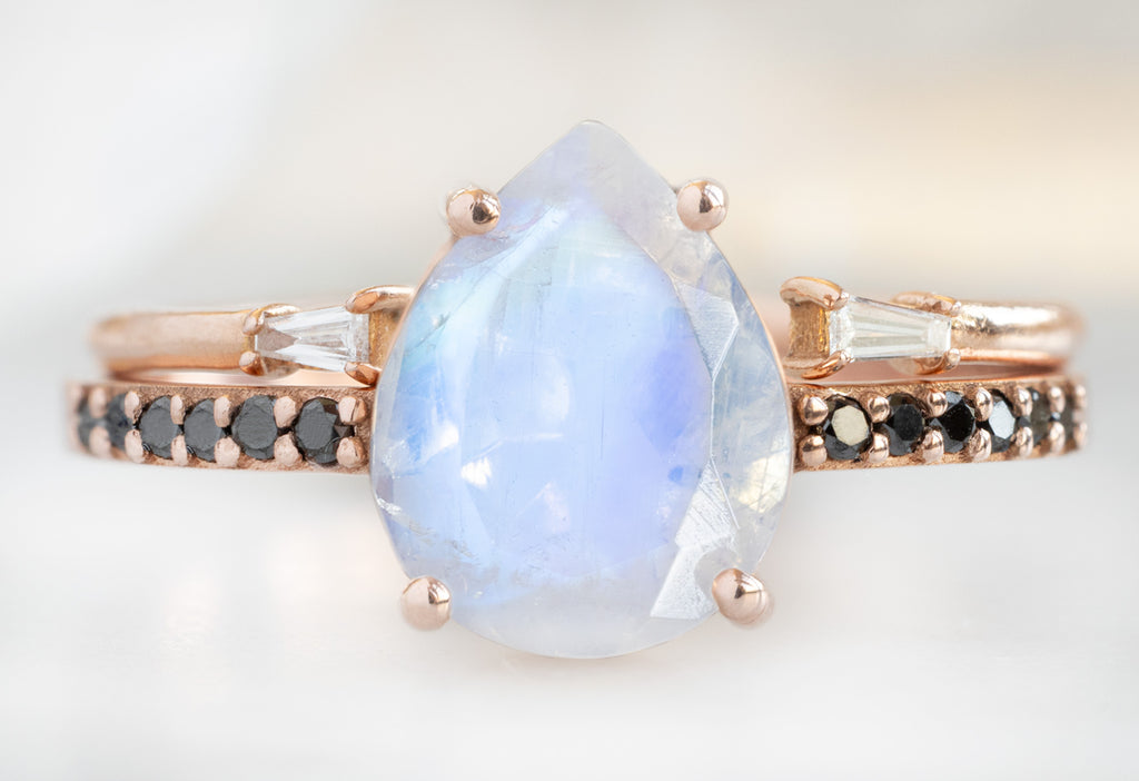 The Willow Ring with a Pear-Cut Moonstone with Open Cuff Baguette Stacking Band