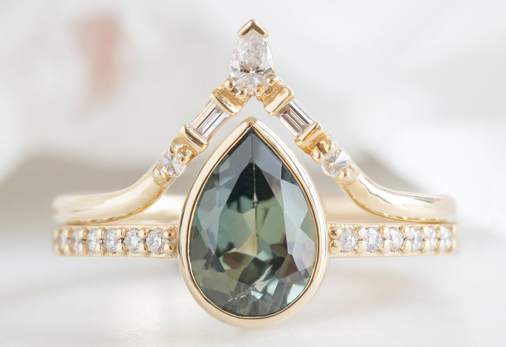 The Willow Ring with a Pear-Cut Sapphire with White Diamond Tiara Stacking Band