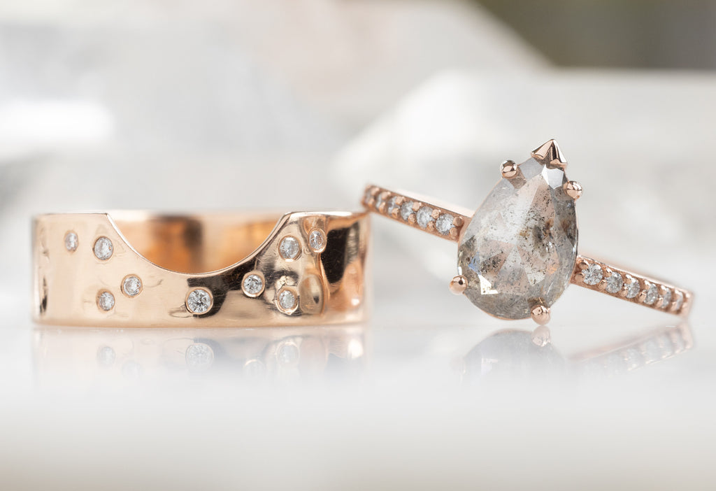 The Willow Ring with a Pear-Cut Silvery Grey Diamond with Constellation Cut-Out Stacking Band