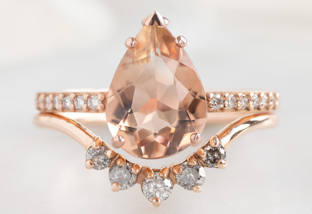 The Willow Ring with a Pear-Cut Sunstone with Round Salt and Pepper Diamond Sunburst Stacking Band