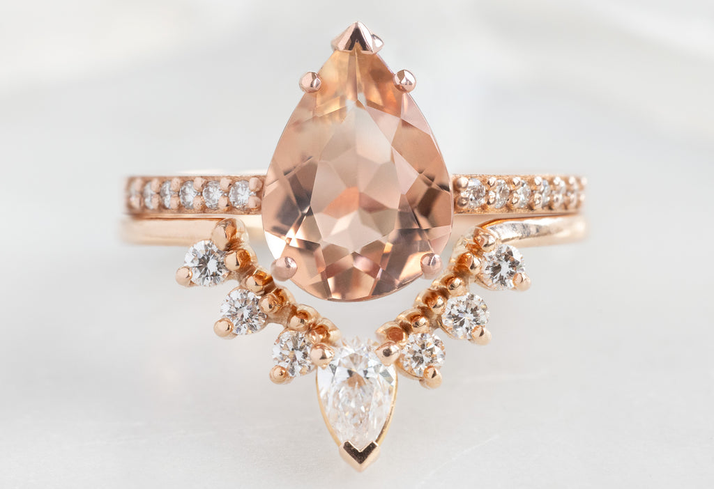 The Willow Ring with a Pear-Cut Sunstone with White Diamond Sunburst Stacking Band