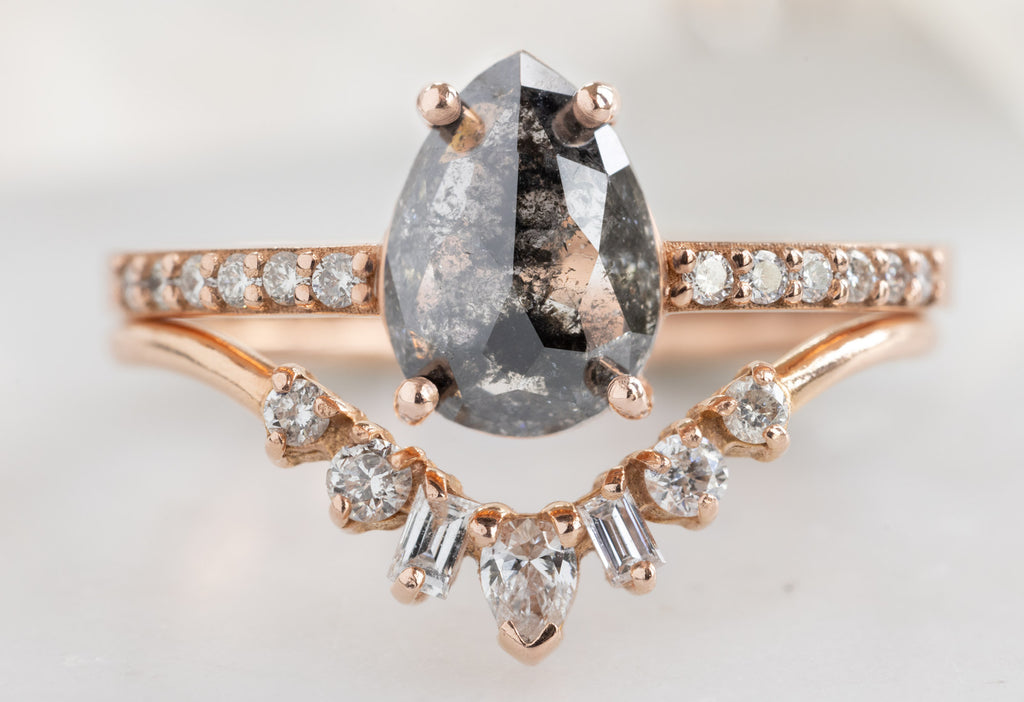 The Willow Ring with a Rose-Cut Black Diamond with Geometric Diamond Sunburst Stacking Band