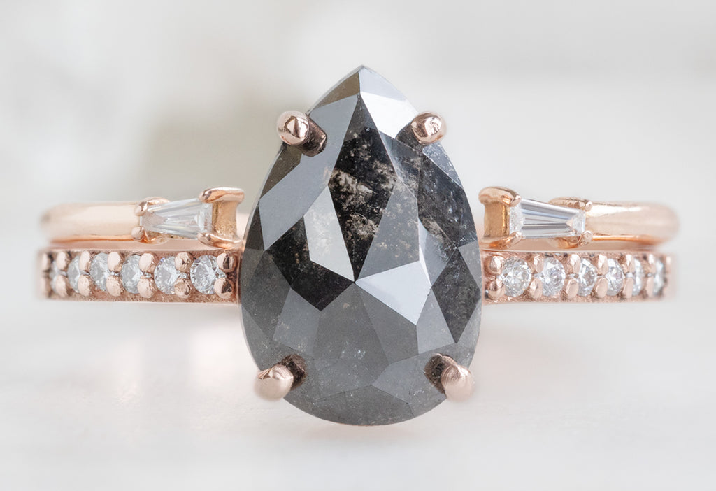 The Willow Ring with a Rose-Cut Black Diamond with Open Cuff Baguette Stacking Band