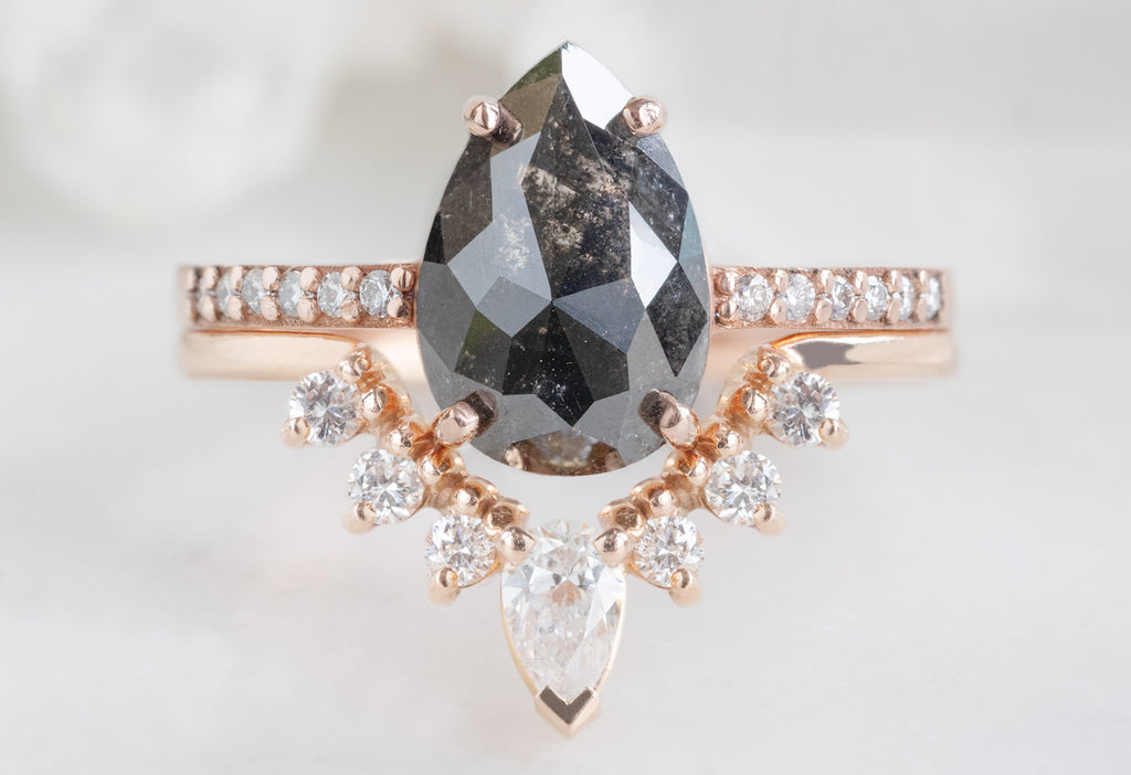 The Willow Ring with a Rose-Cut Black Diamond with White diamond Sunburst Stacking Band