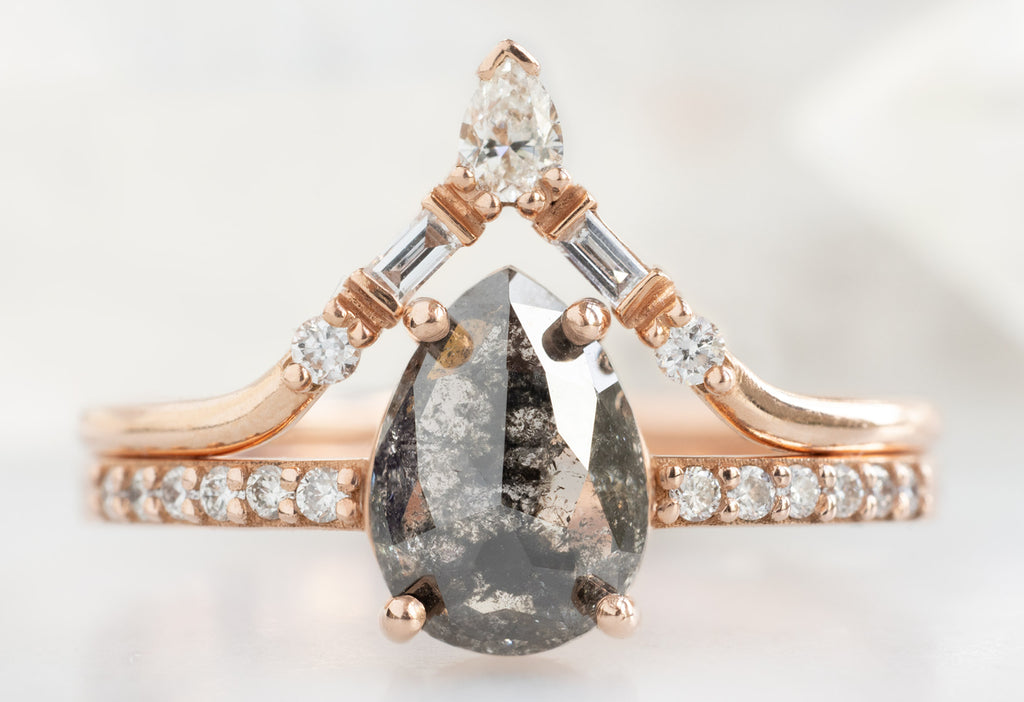 The Willow Ring with a Rose-Cut Black Diamond with White Diamond Tiara Stacking Band