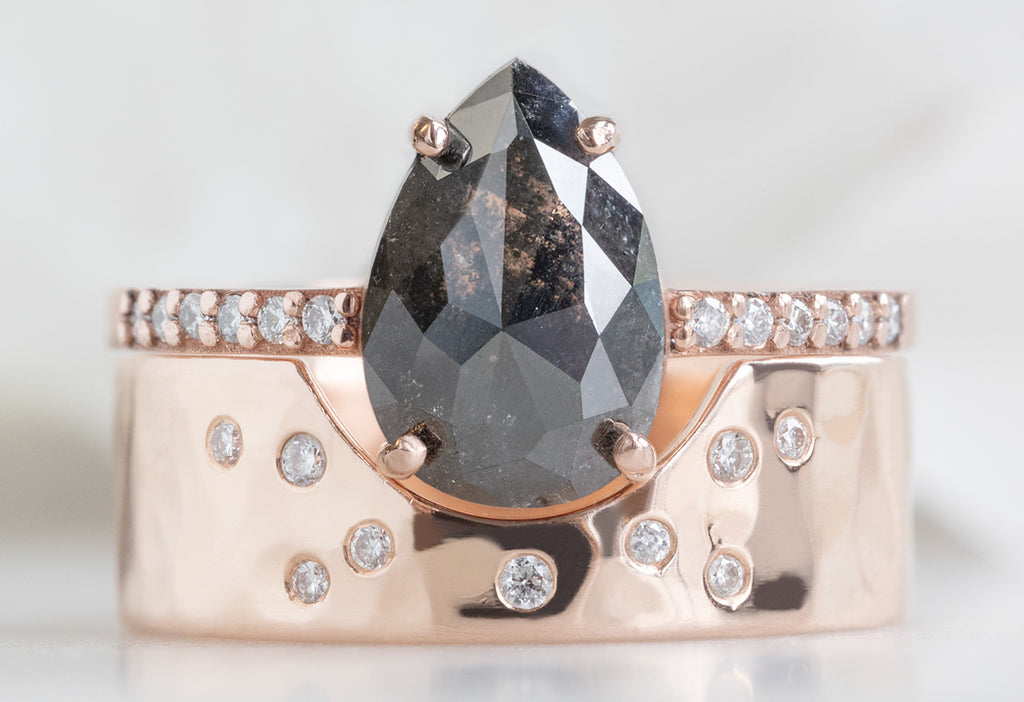 The Willow Ring with a Rose-Cut Black Diamond with the Constellation Cut-Out Stacking Band