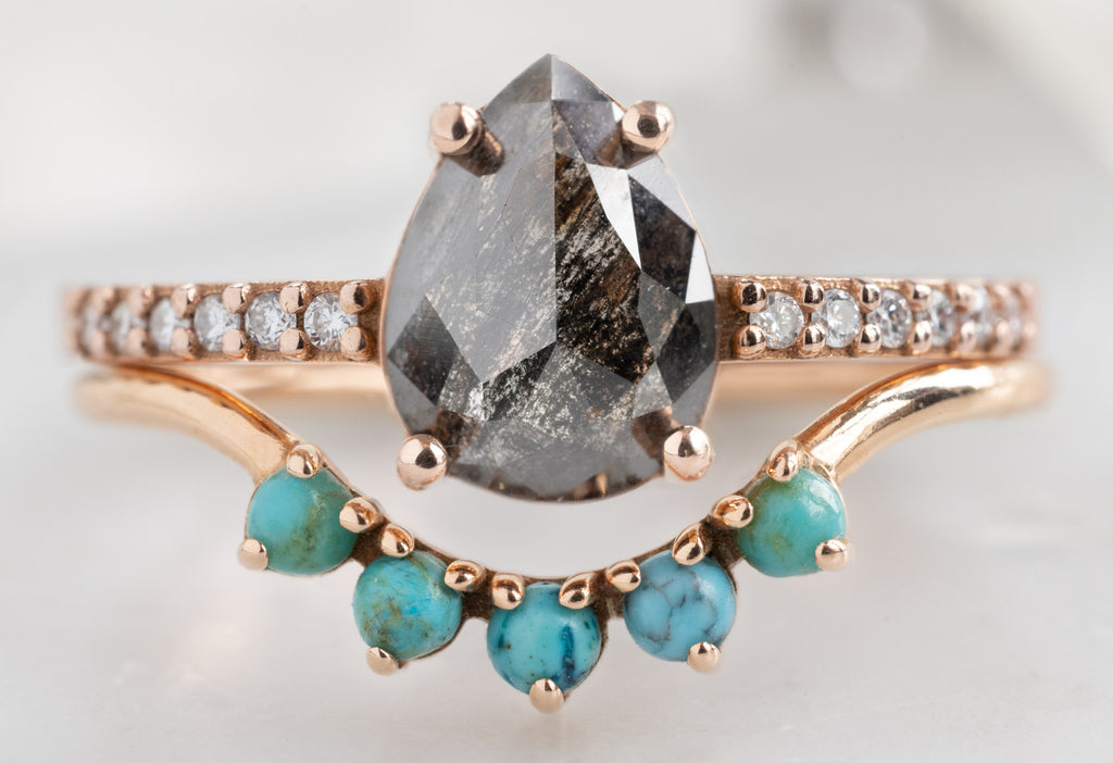 The Willow Ring with a Rose-Cut Salt and Pepper Diamond with Turquoise Sunburst Stacking Band