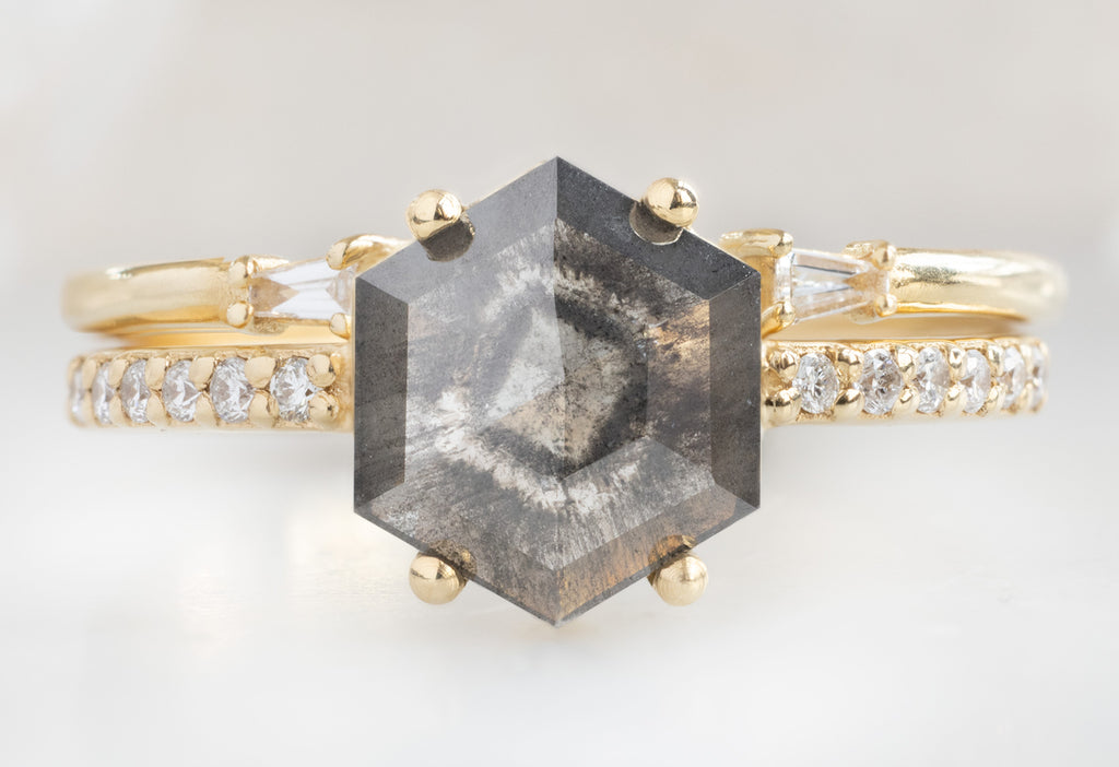 The Willow Ring with a Salt and Pepper Hexagon Diamond with Open Cuff Baguette Stacking Band