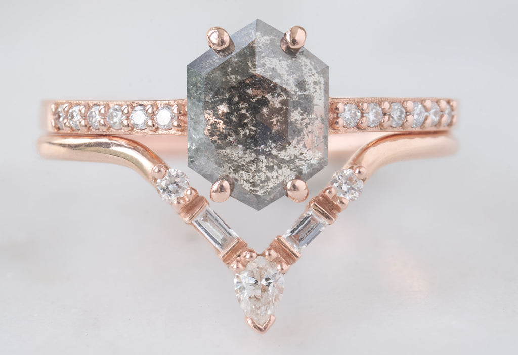 The Willow Ring with a Salt and Pepper Hexagon Diamond with White Diamond Tiara Stacking Band