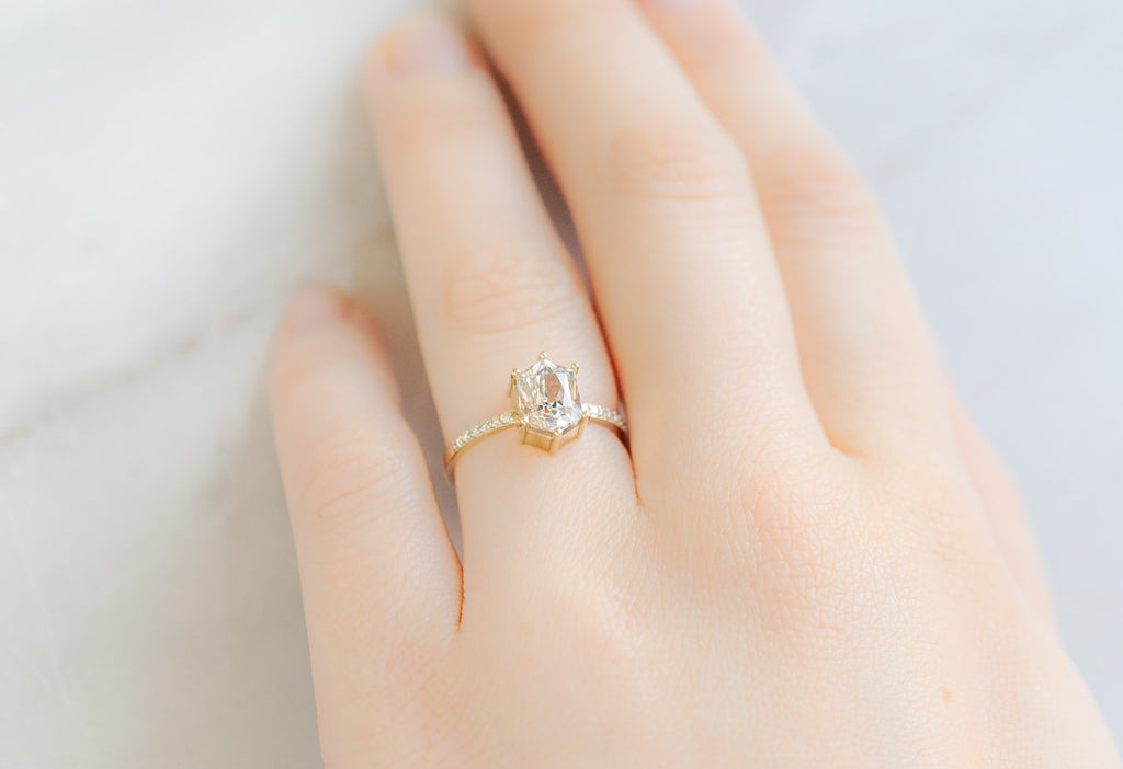 The Willow Ring with a Sapphire Hexagon on Model