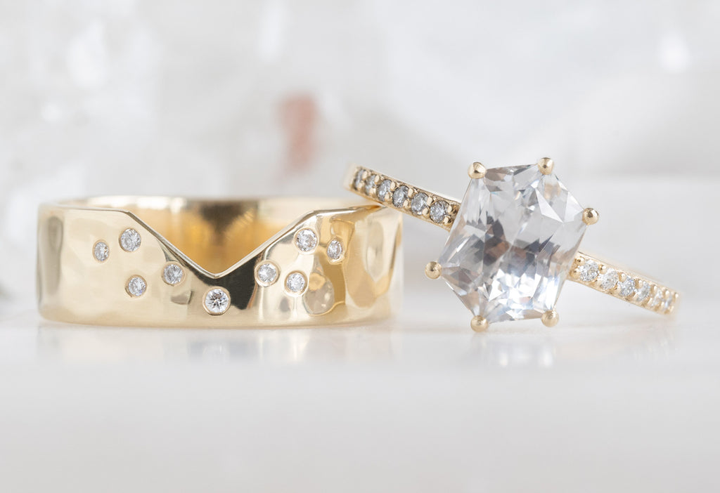 The Willow Ring with a Sapphire Hexagon with Constellation Cut-Out Stacking Band