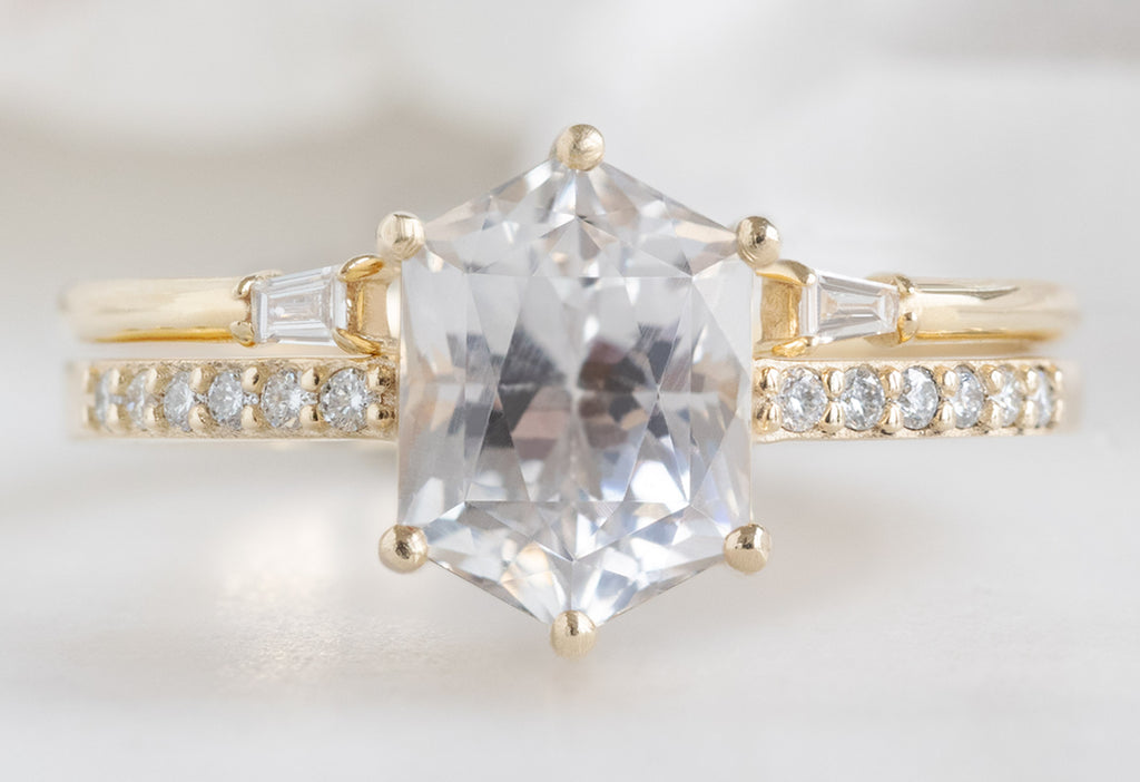 The Willow Ring with a Sapphire Hexagon with Open Cuff Baguette Stacking Band