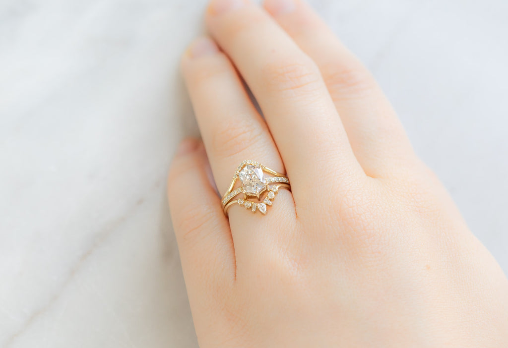 The Willow Ring with a Sapphire Hexagon with White Diamond Stacking Bands on Model