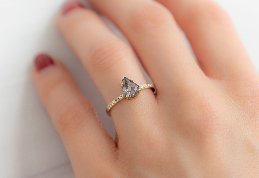 The Willow Ring with a Shield-Cut Salt and Pepper Diamond on Model