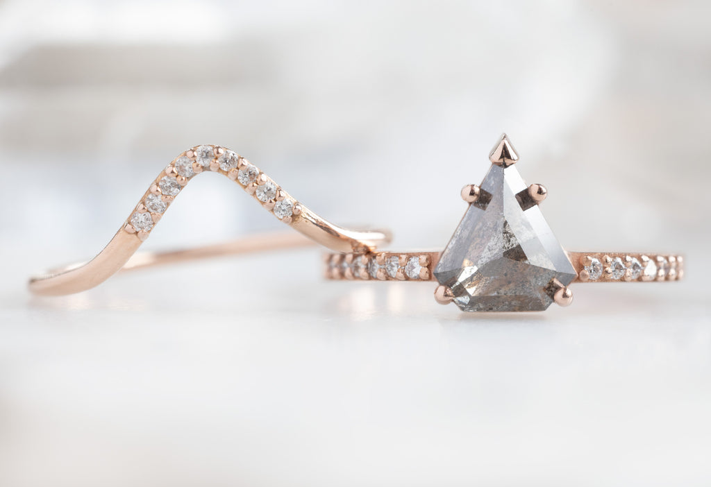 The Willow Ring with a Shield-Cut Salt and Pepper Diamond with Pavé Arc Stacking Band