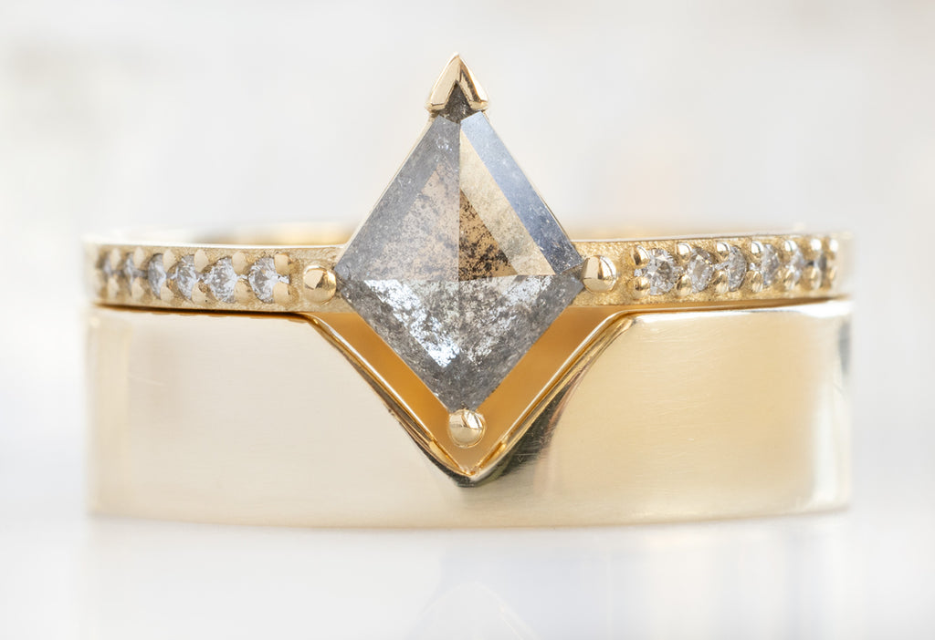 The Willow Ring with a Silvery-Grey Kite Diamond with the Gold Cut-Out Stacking Band