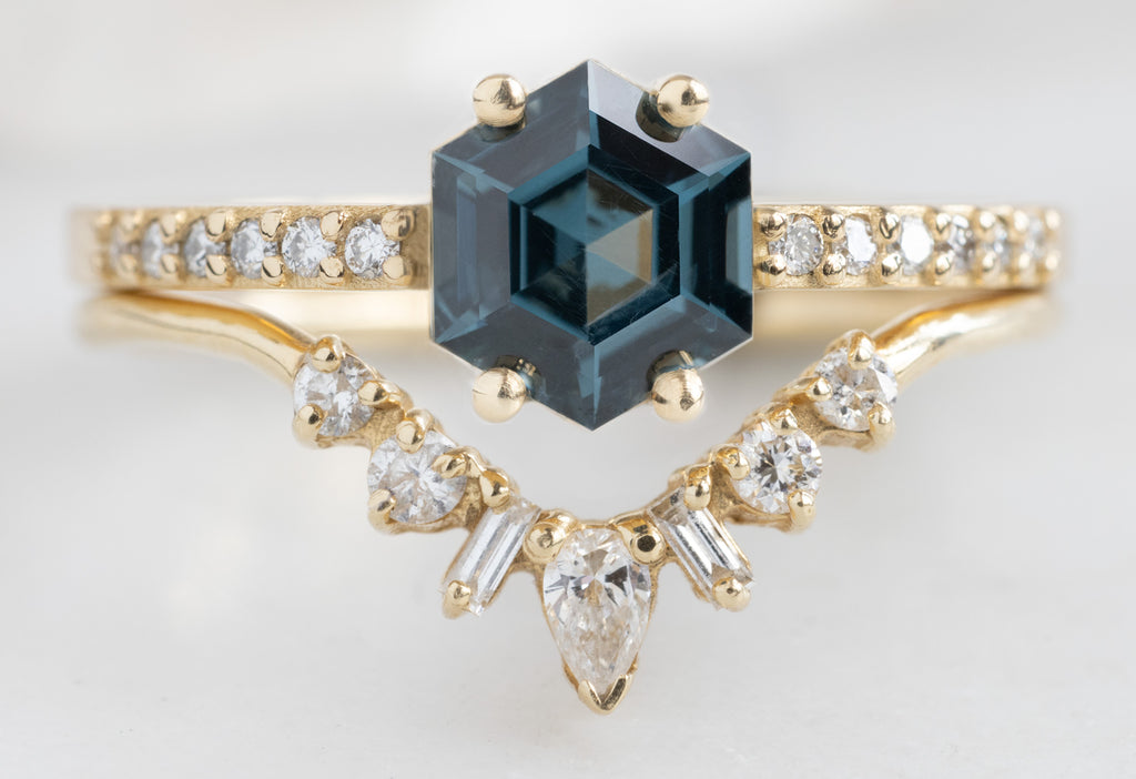 The Willow Ring with a Spinel Hexagon with Geometric Diamond Sunburst Stacking Band