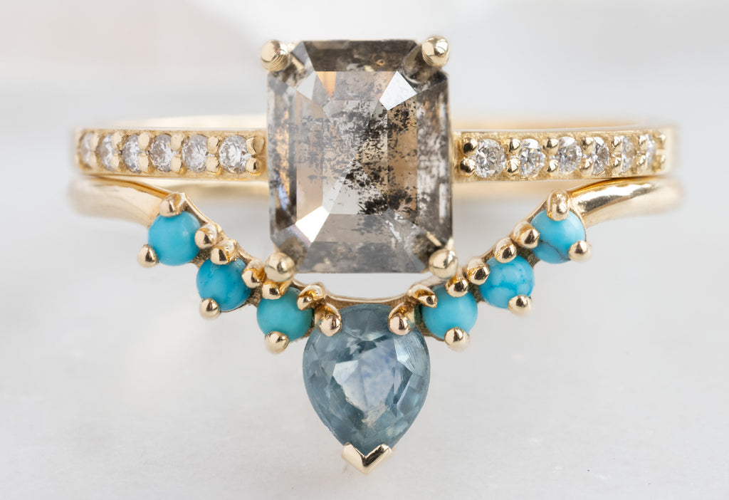 The Willow Ring with an Emerald-Cut Salt and Pepper Diamond with Sapphire and Turquoise Sunburst Stacking Band