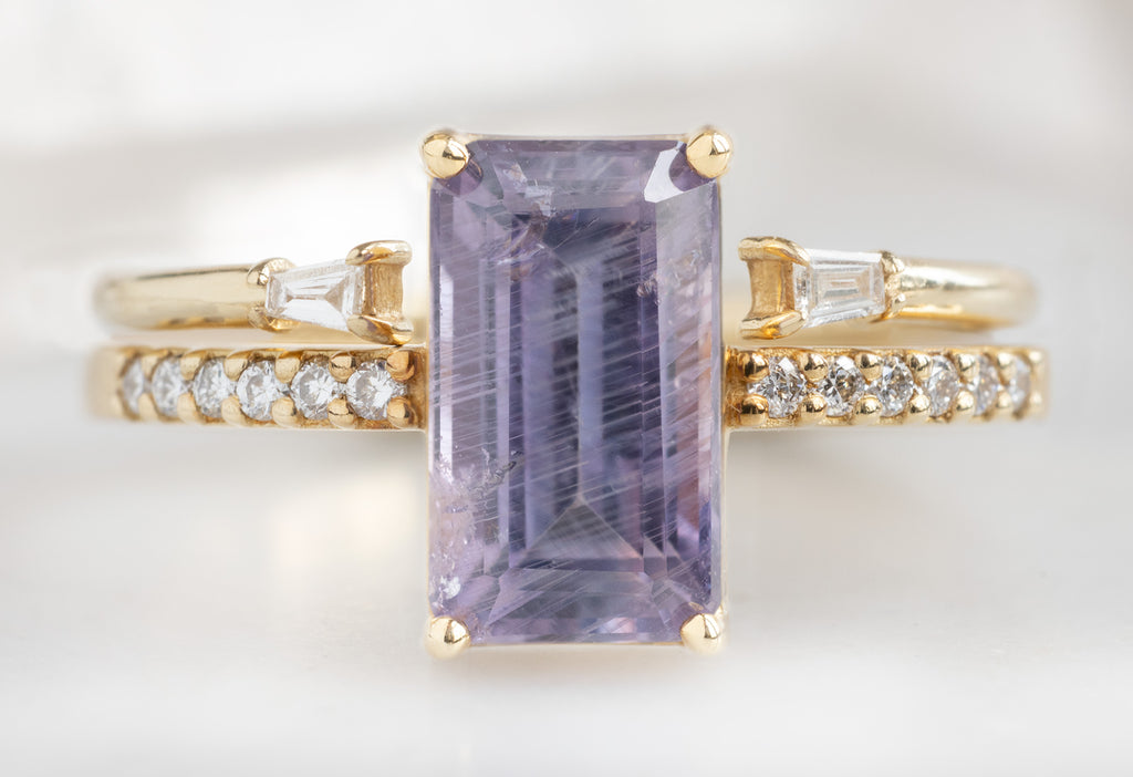 The Willow Ring with an Emerald-Cut Violet Sapphire with Open Cuff Baguette Stacking Band