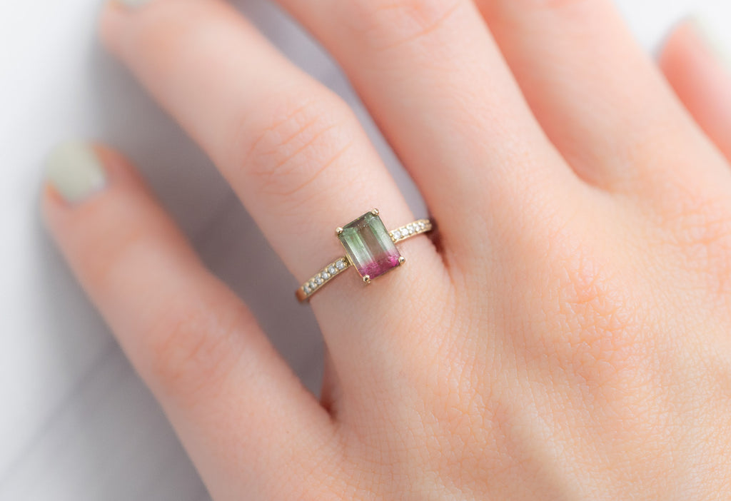 The Willow Ring with an Emerald-Cut Watermelon Tourmaline on Model