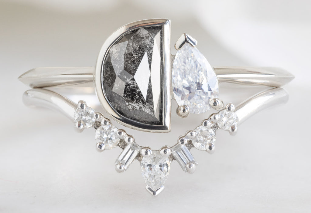 The You & Me Ring with a Black Half-Moon + Pear-Cut White Diamond with Geometric Diamond Sunburst Stacking Band