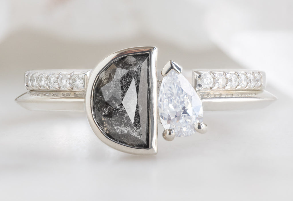The You & Me Ring with a Black Half-Moon + Pear-Cut White Diamond with Open Cuff Pavé Diamond Stacking Band