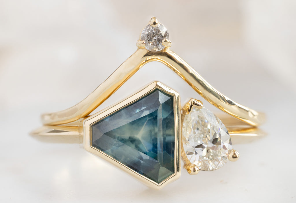 The You & Me Ring with a Geometric Sapphire + White Diamond with Diamond Crown Stacking Band
