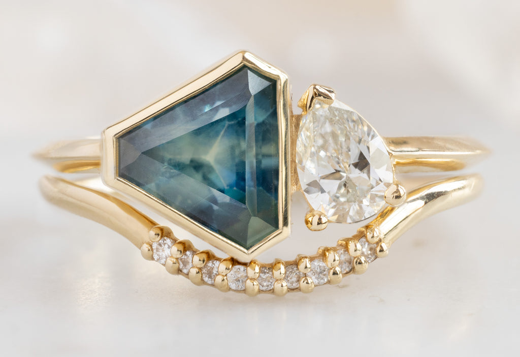 The You & Me Ring with a Geometric Sapphire + White Diamond with Pavé Arc Stacking Band