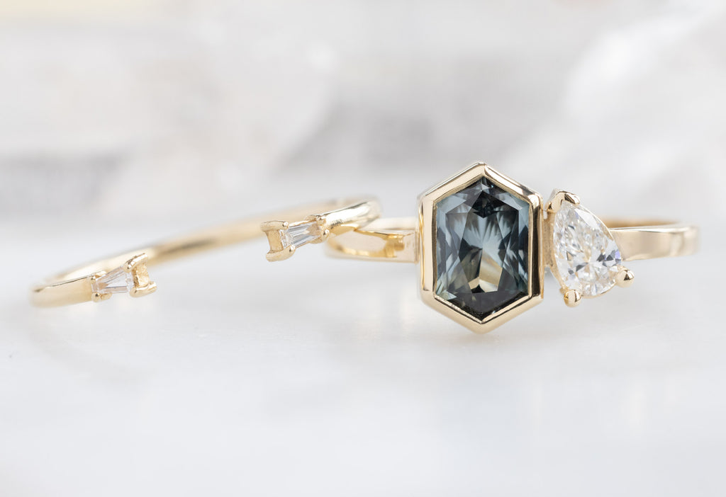 The You & Me Ring with a Sapphire + White Diamond with Open Cuff Baguette Stacking Band