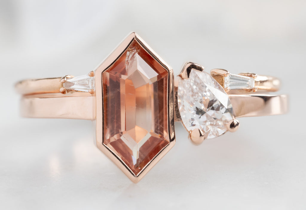 The You & Me Ring with a Sunstone + White Diamond with Open Cuff Baguette Stacking Band