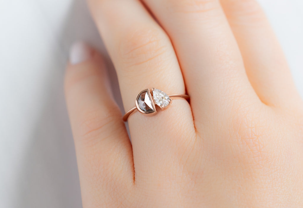 The You & Me Ring with a Salt and Pepper Half Moon + White Diamond on Model