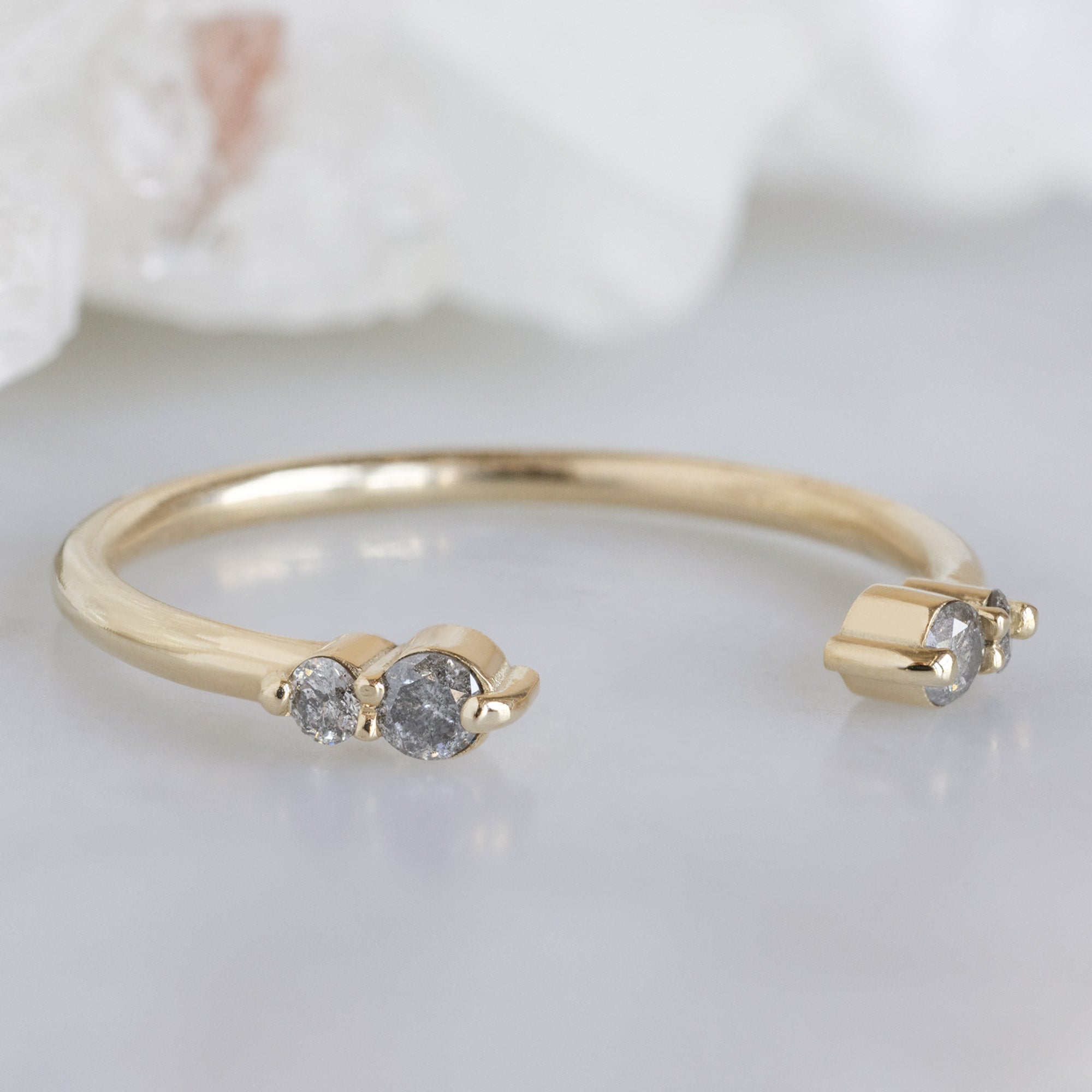 The Luxe Open Cuff Salt and Pepper Round Diamond Stacking Band in 14K Yellow Gold