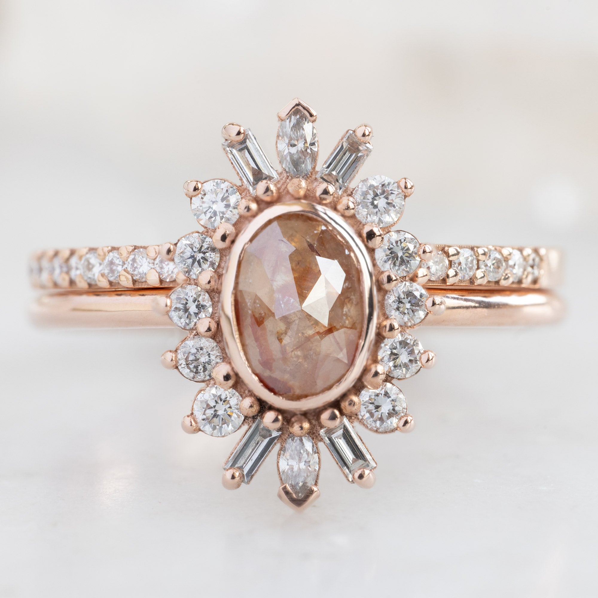 The White Diamond Pavé Wedding Band in 14K Yellow Gold Stacked with an Oval Red Diamond Engagement Ring