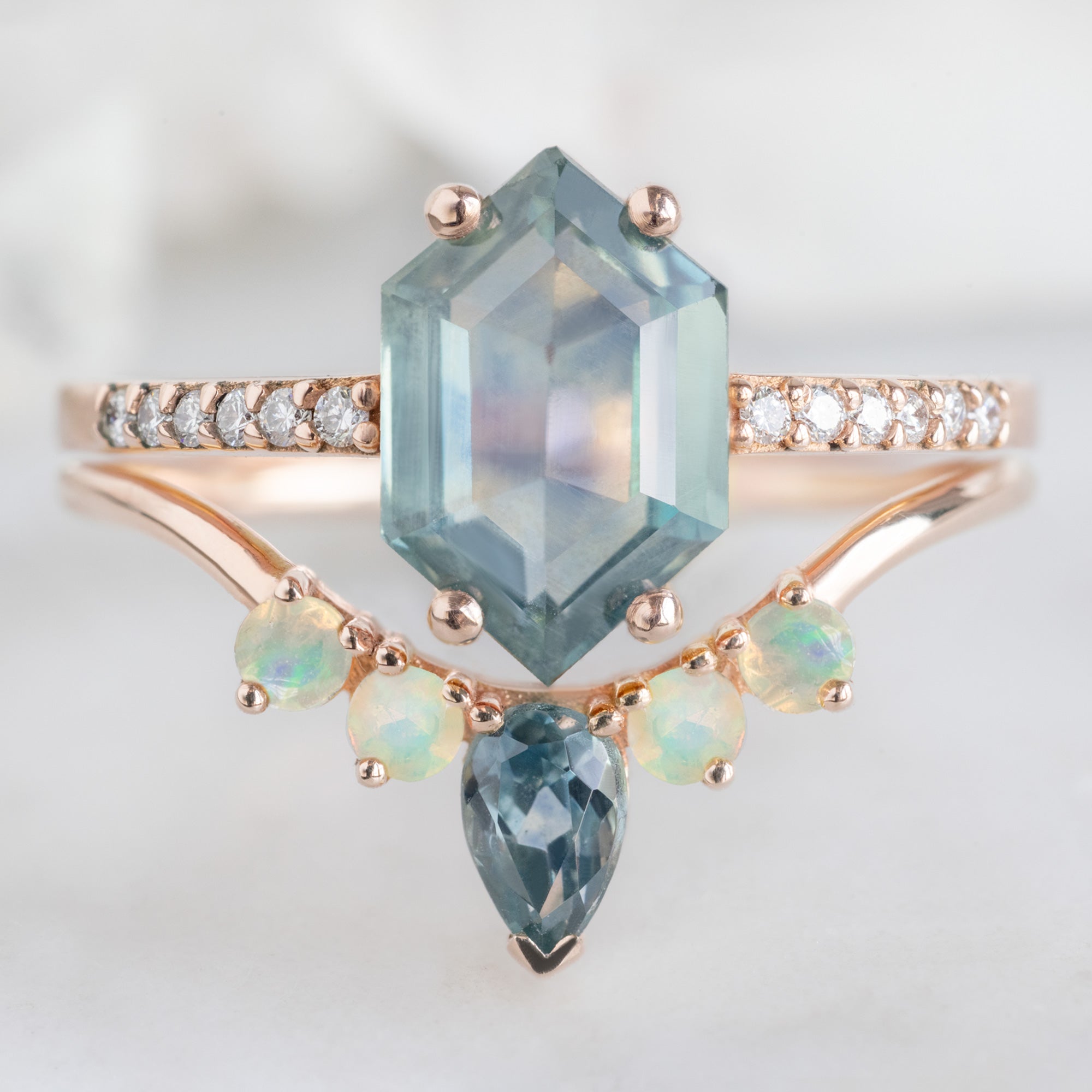 One of a Kind Montana Sapphire + Opal Sunburst Stacking Band in Rose Gold Stacked with Sapphire Hexagon Gemstone Engagement Ring