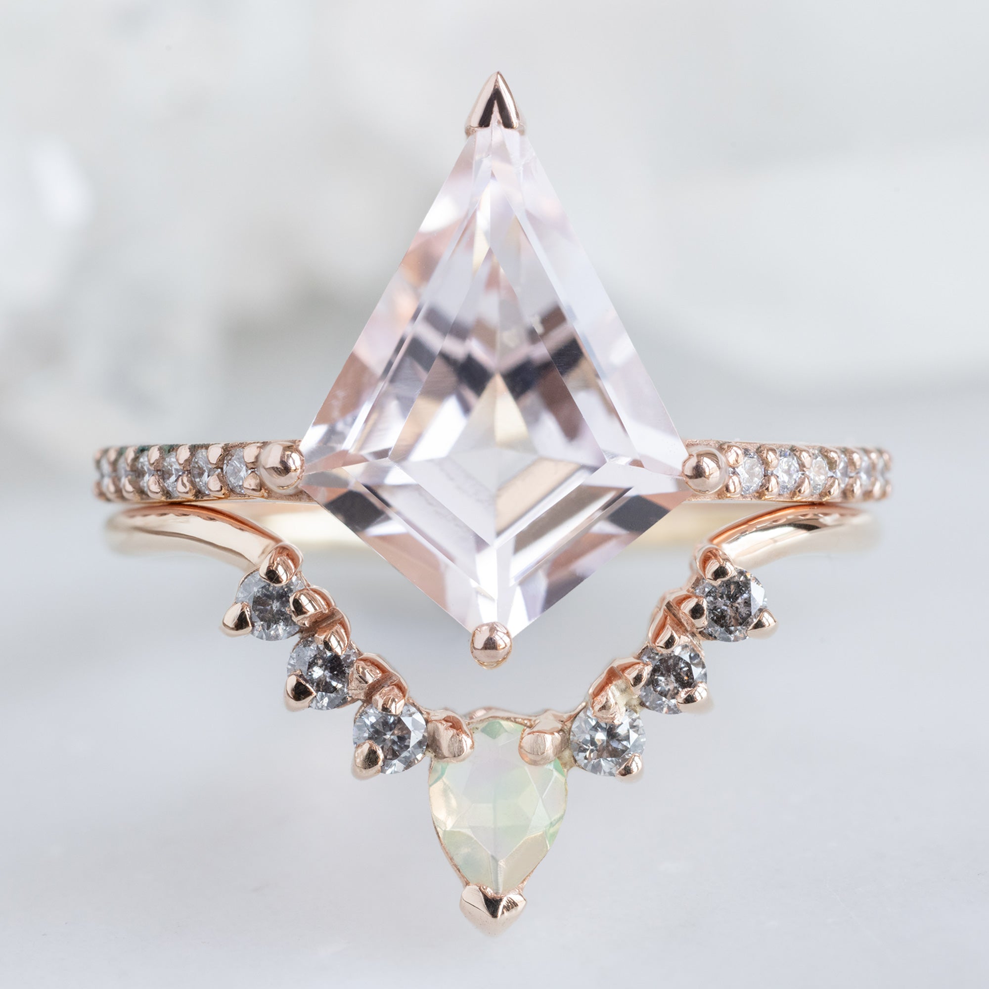Opal + Salt and Pepper Diamond Sunburst Stacking Band | Yellow, Rose or White Gold