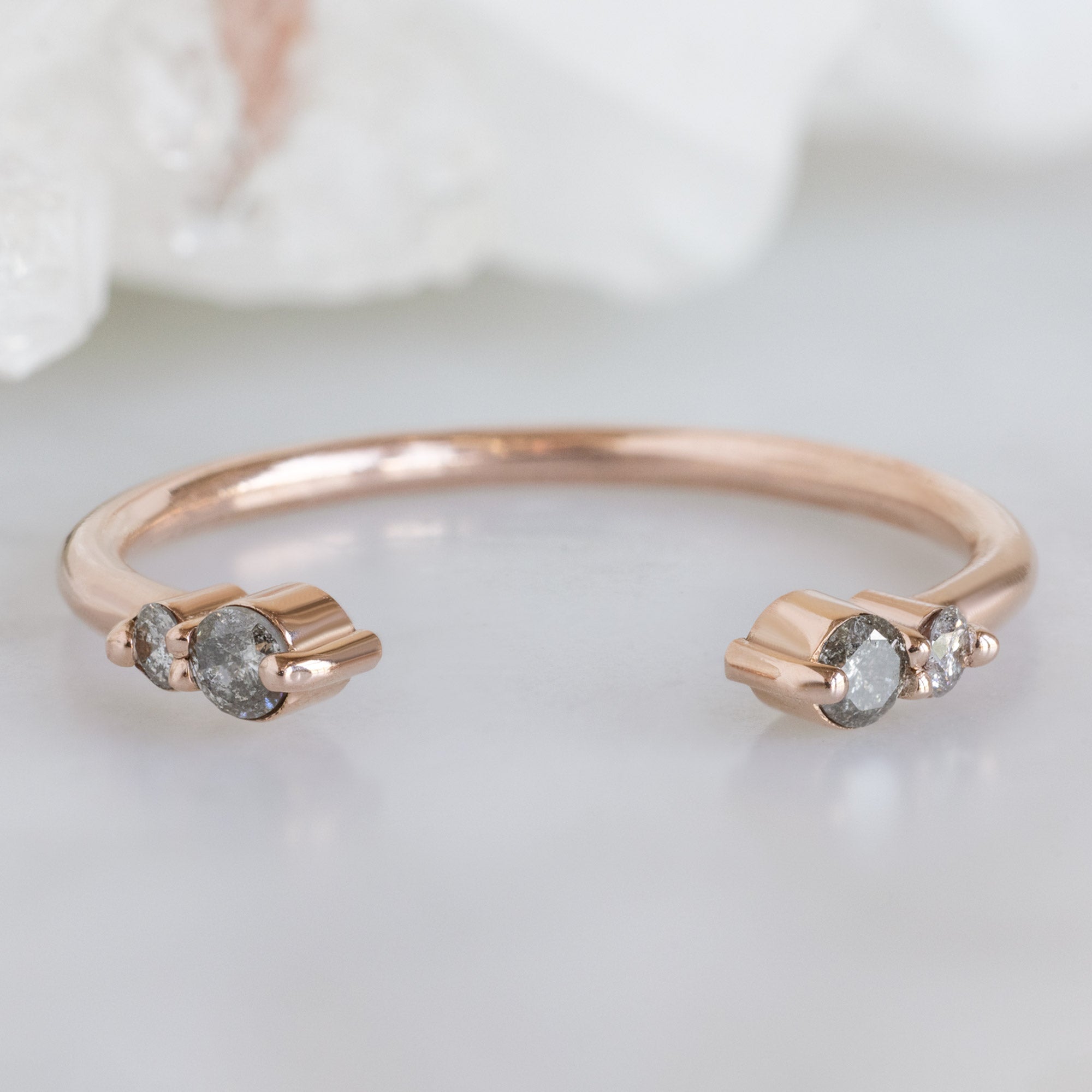 The Luxe Open Cuff Salt and Pepper Round Diamond Stacking Band in 14K Rose Gold