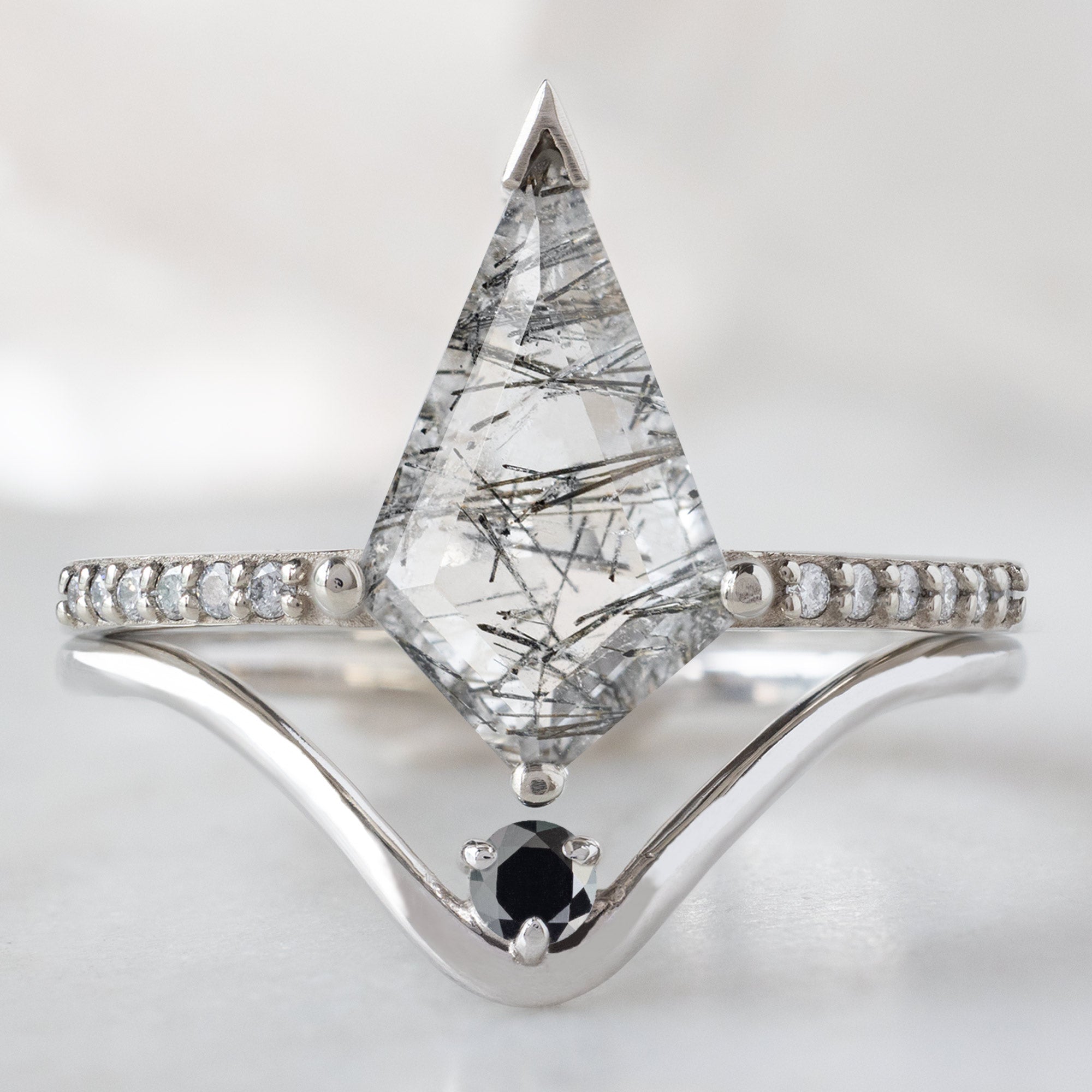 Black Diamond Peak Stacking Band in 14K White Gold Stacked with a Tourmaline in Quartz Kite Engagement Ring
