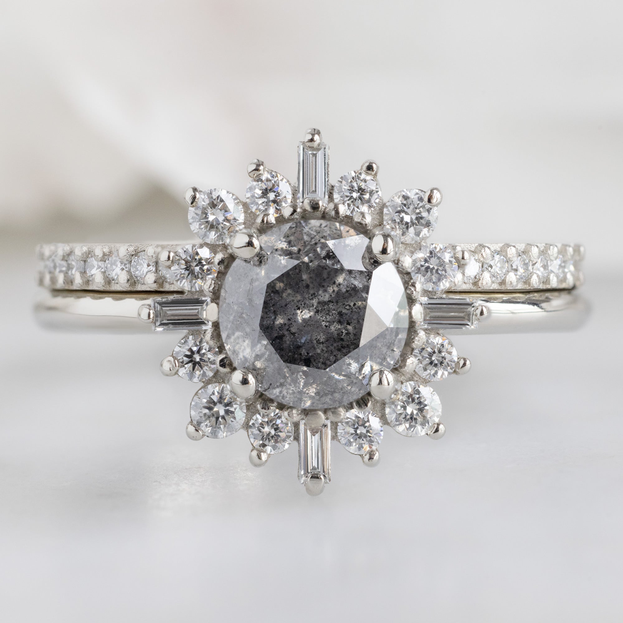 The White Diamond Pavé Wedding Band in 14K White Gold Stacked with Round Salt and Pepper Diamond Engagement Ring