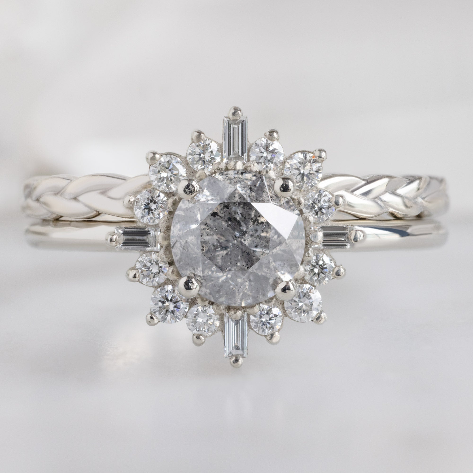 The Gold Braided Stacking Ring in 14K White Gold Stacked with Round Salt and Pepper Diamond Engagement Ring